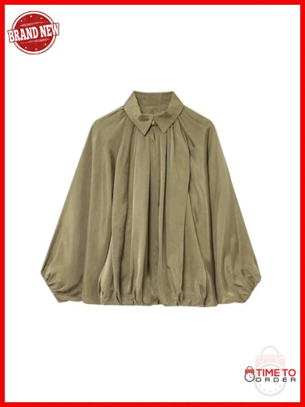 Puffed Bomber Jacket Lapel Collar Batwing Sleeve Front Zip Oversized Cropped